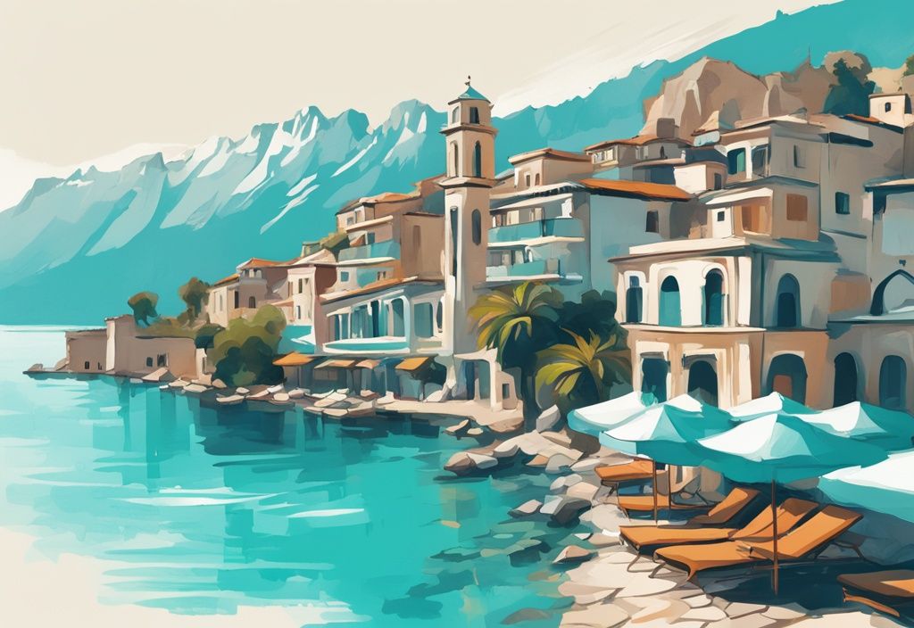 Moderne digitale Malerei von Antalya Altstadt mit historischer Architektur, türkisblauem Meer und Taurusgebirge im Hintergrund