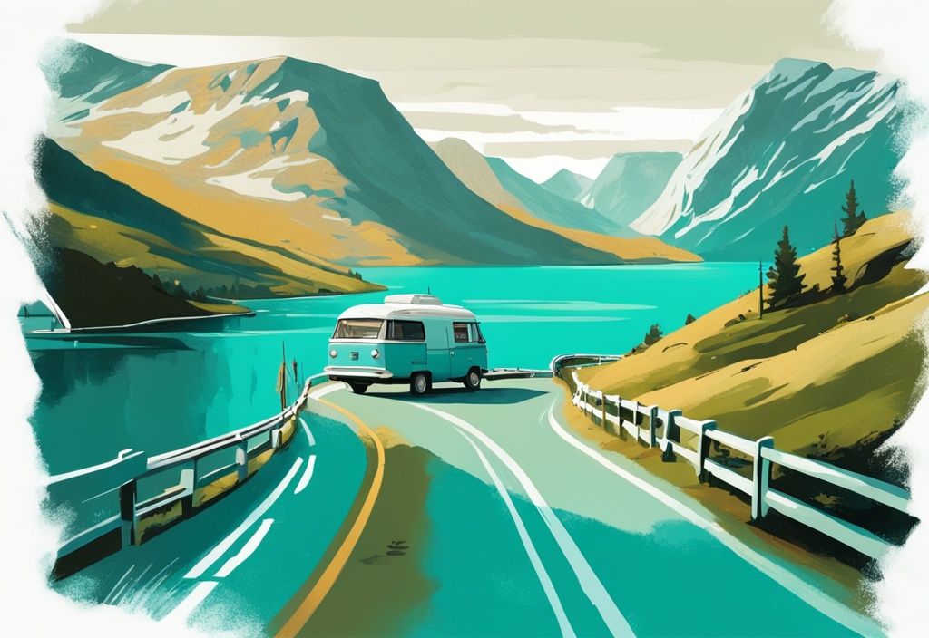 Moderne digitale Malerei mit türkisfarbenem Thema, zeigt eine malerische Straße entlang Norwegens Fjorde, mit einem vintage Wohnmobil auf der Route.