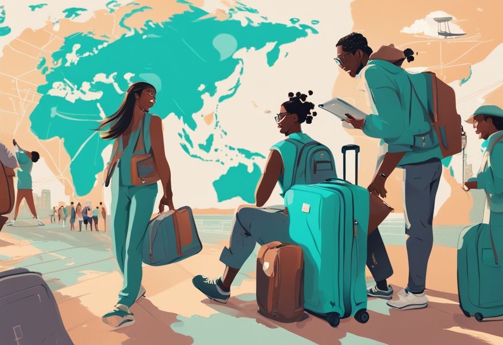 Moderne digitale Illustration in Türkis: Eine diverse Gruppe von Menschen packt ihre Taschen, studiert eine Weltkarte und besteigt ein Flugzeug, wobei sie verschiedene Emotionen wie Aufregung, Neugier und Entspannung zeigen. warum reisen menschen