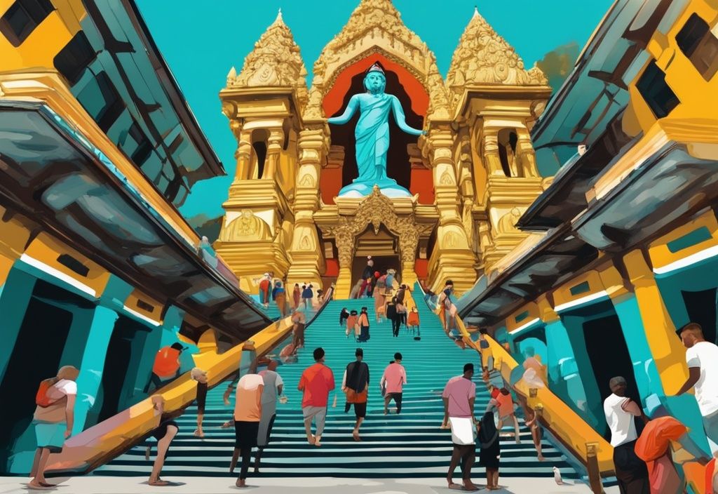 Moderne digitale Malerei, Touristen auf bunten Stufen zu den Batu-Höhlen in Kuala Lumpur, goldene Statue von Lord Murugan im Vordergrund, Hauptfarbe Türkis