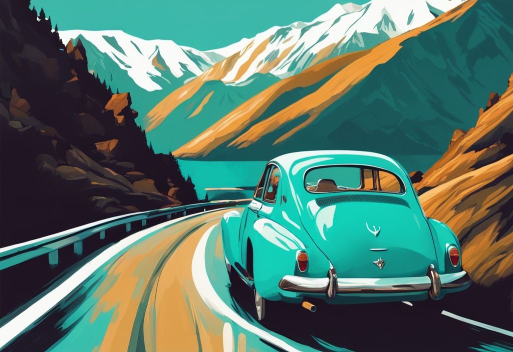 Modernes digitales Gemälde einer malerischen Szene: Ein Vintage-Auto auf einer kurvenreichen Straße inmitten der atemberaubenden Fjorde und Berge Norwegens, Hauptfarbe Türkis. Keyword: roadtrip norwegen.