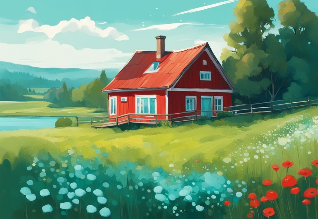 Moderne digitale Malerei eines traditionellen roten schwedischen Hauses inmitten grüner Felder und Wildblumen mit einem funkelnden blauen See im Hintergrund unter klarem Sommerhimmel, Hauptfarbe Türkis.