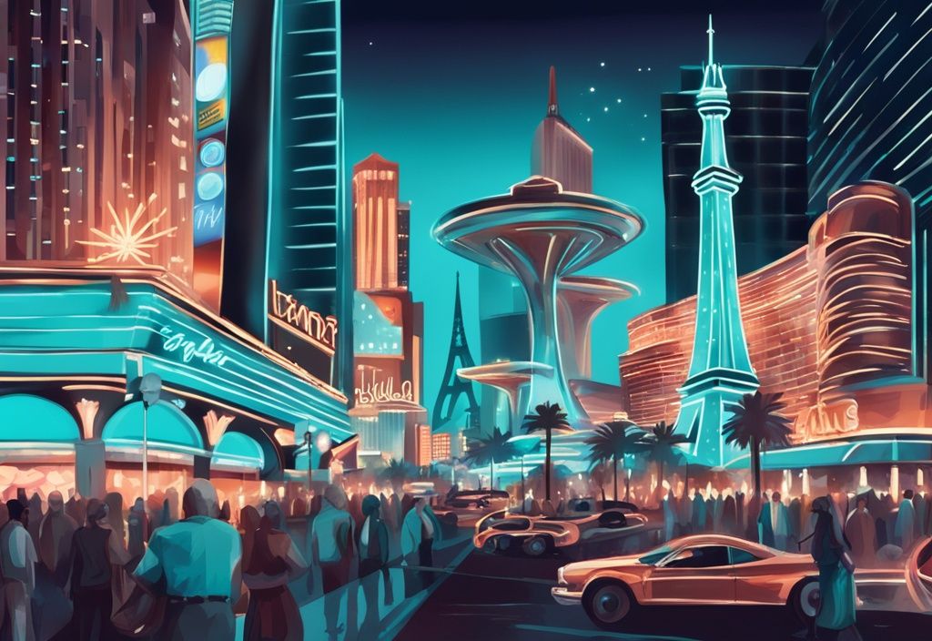 Moderne digitale Malerei der Las Vegas Strip bei Nacht, mit beleuchteten Casinos, belebten Menschenmengen und ikonischen Wahrzeichen wie dem Eiffelturm und den Bellagio-Brunnen, Hauptfarbe Türkis.