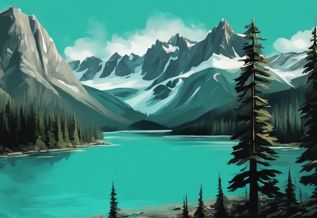 Digitale Illustration der Rocky Mountains in British Columbia mit türkisfarbenem Thema, einem ruhigen See im Vordergrund und üppigen Wäldern im Hintergrund.