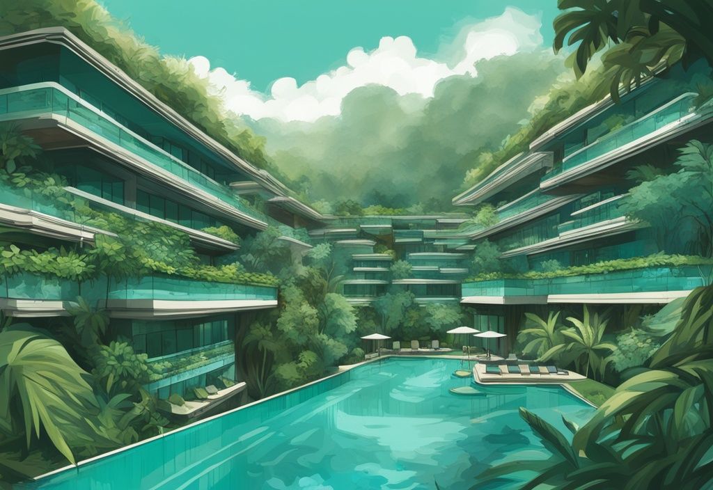 Moderne digitale Malerei der Hanging Gardens Bali mit türkisfarbenem Thema, zeigt das ikonische doppelstöckige Schwimmbad mit Blick auf den dichten Regenwald und üppiges Grün.