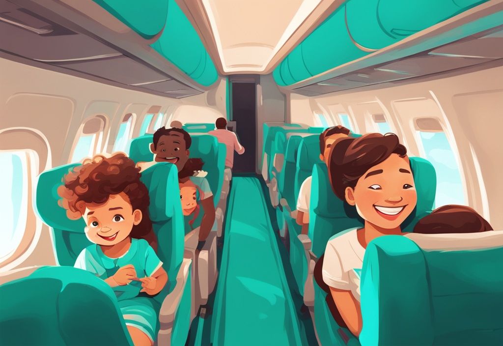 Moderne digitale Illustration einer Familie auf einer Flugreise mit Kindern, die Eltern helfen den Kindern beim Spielen und Malen während des Fluges, Hauptfarbthema Türkis.