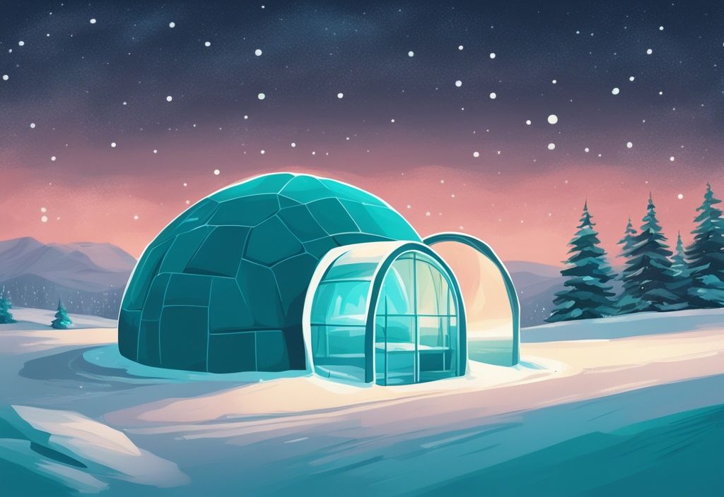 Panoramablick auf ein Iglu Hotel in einer verschneiten Landschaft unter einem sternenklaren Nachthimmel, moderne digitale Malerei in Türkis.