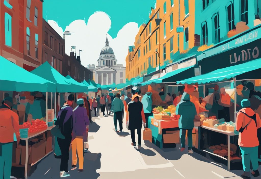 Digitale Malerei eines belebten Straßenmarkts in London, mit türkisfarbenem Hauptfarbthema, Menschenmengen und erschwinglichen Waren und Streetfood.