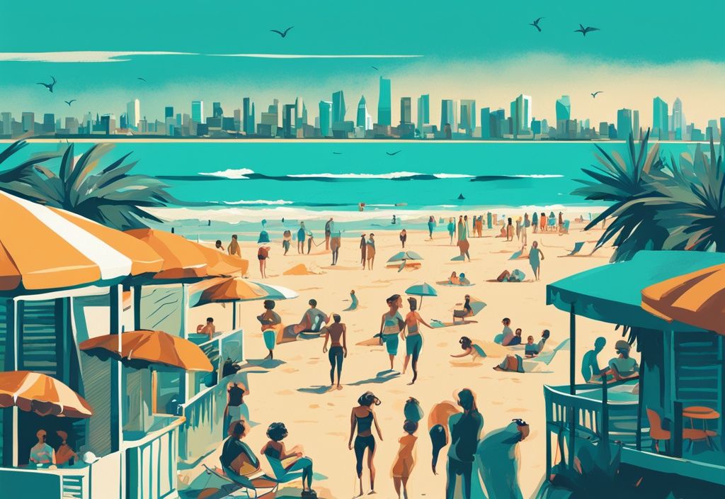 Modernes digitales Gemälde einer lebhaften Strandszene in Türkis, mit Menschen, die Sonne, Surf und Sand genießen, und der ikonischen Skyline von Tel Aviv im Hintergrund, urlaub tel aviv.