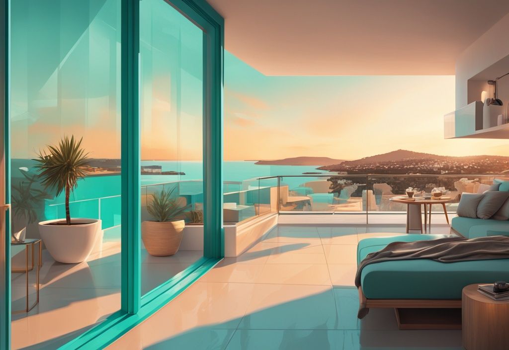 Moderne digitale Malerei einer stilvollen Wohnung mit großer Terrasse und Blick auf die Küste von Ibiza bei Sonnenuntergang, Hauptfarbe Türkis.