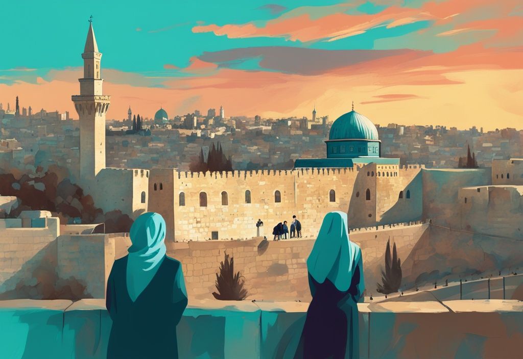 Moderne digitale Illustration von Jerusalems Skyline bei Sonnenuntergang mit ikonischen Wahrzeichen wie dem Felsendom und der Klagemauer, ein Paar genießt den romantischen Ausblick, Hauptfarbe Türkis.