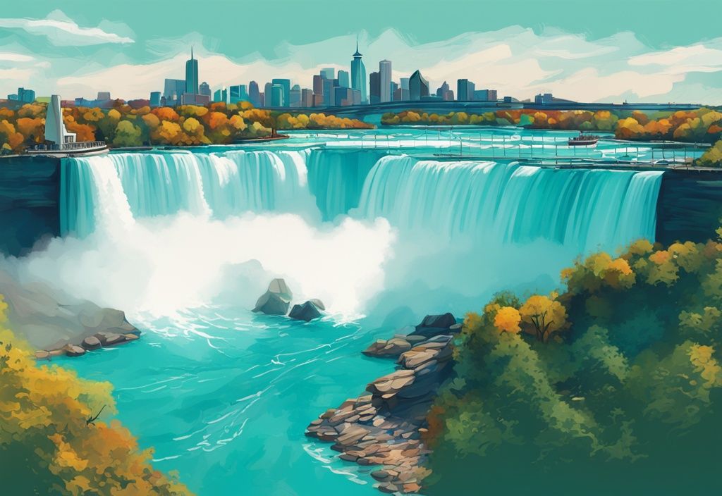 Moderne digitale Illustration von den Niagarafällen in Ontario mit der Skyline von Toronto im Hintergrund unter klarem blauen Himmel, Hauptfarbe Türkis.