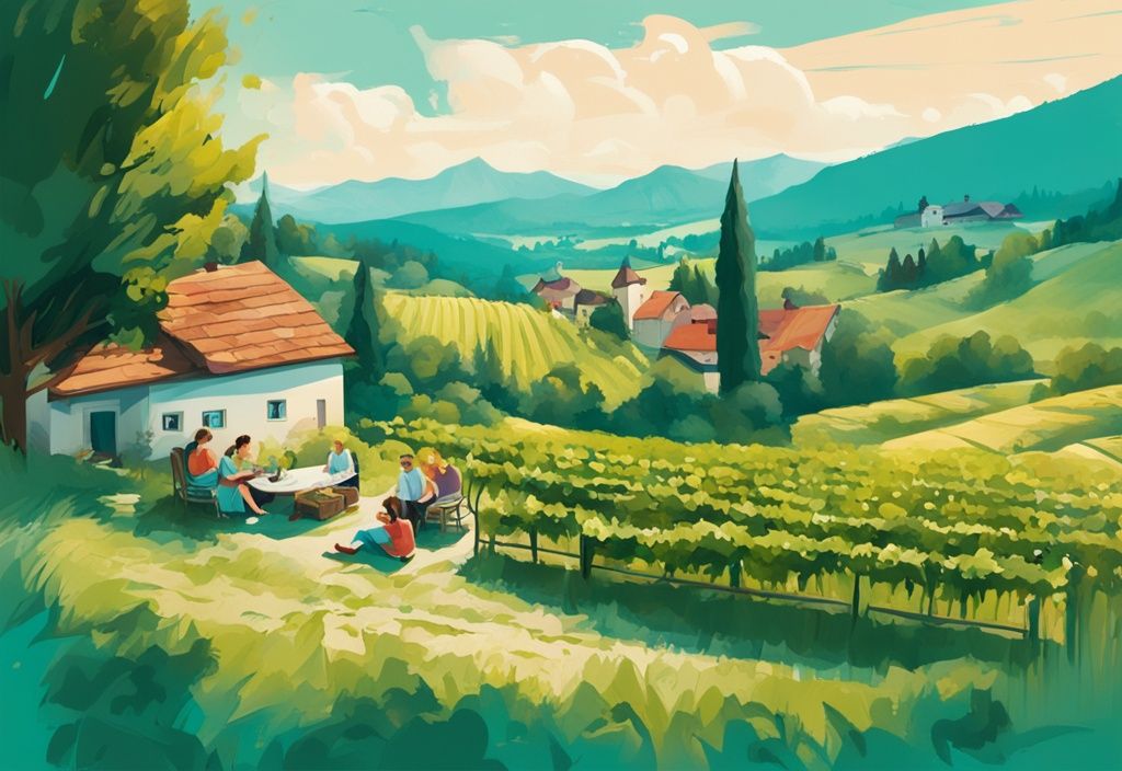 Moderne digitale Malerei mit türkisfarbenem Thema, die die grünen Weinberge der Steiermark, ein traditionelles österreichisches Bauernhaus und eine Familie beim Picknick zeigt, steiermark urlaub.