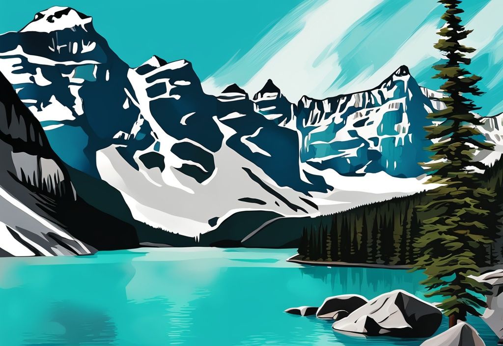 Panoramablick auf den Moraine Lake in Alberta, Kanada, mit türkisfarbenem Wasser und schneebedeckten Gipfeln im Hintergrund, digitale Illustration.