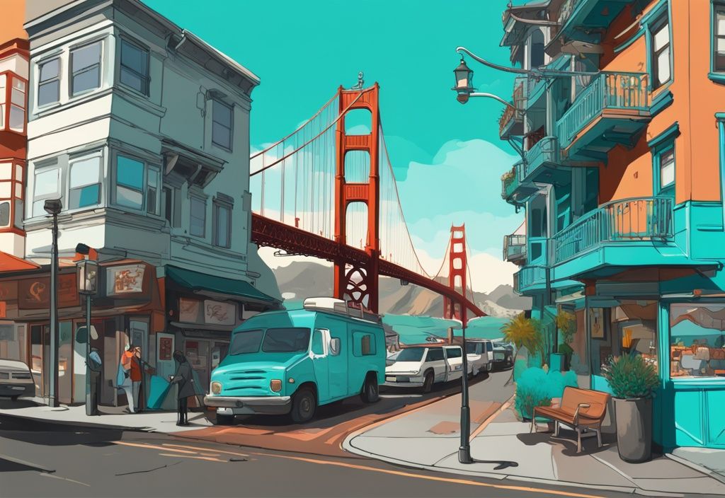 Moderne digitale Malerei mit türkisfarbenem Thema, zeigt San Francisco Geheimtipps: gemütliches Café, unbekannter Park mit Blick auf die Golden Gate Bridge und lebendiges Wandgemälde im Mission District.