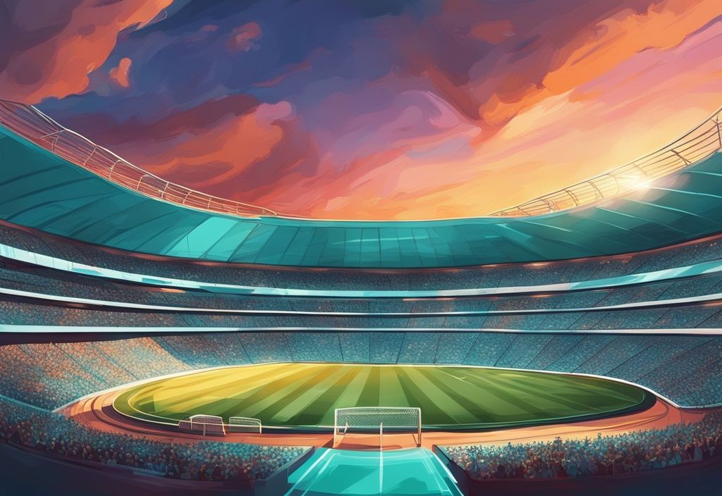 Moderne digitale Malerei eines atemberaubenden Stadions in Türkis bei Sonnenuntergang.