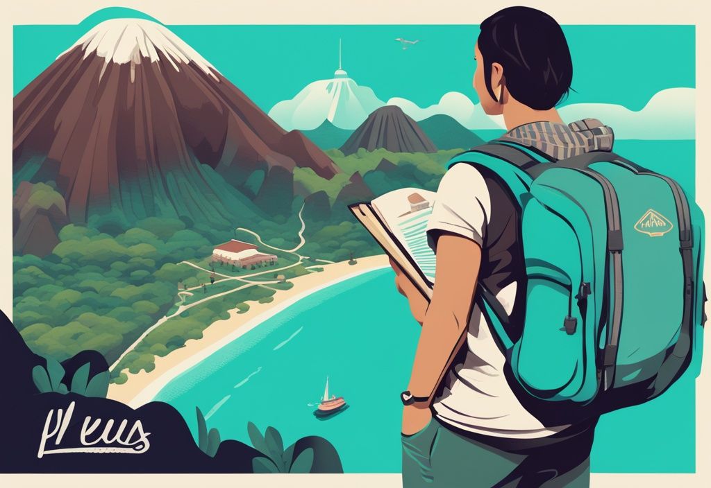 Moderner digitaler Gemäldeillustration eines Reisenden mit Rucksack, der eine Karte der Philippinen studiert, mit ikonischen Wahrzeichen wie den Chocolate Hills, dem Mayon Vulkan und den Stränden von Palawan im Hintergrund; reisetipps philippinen.