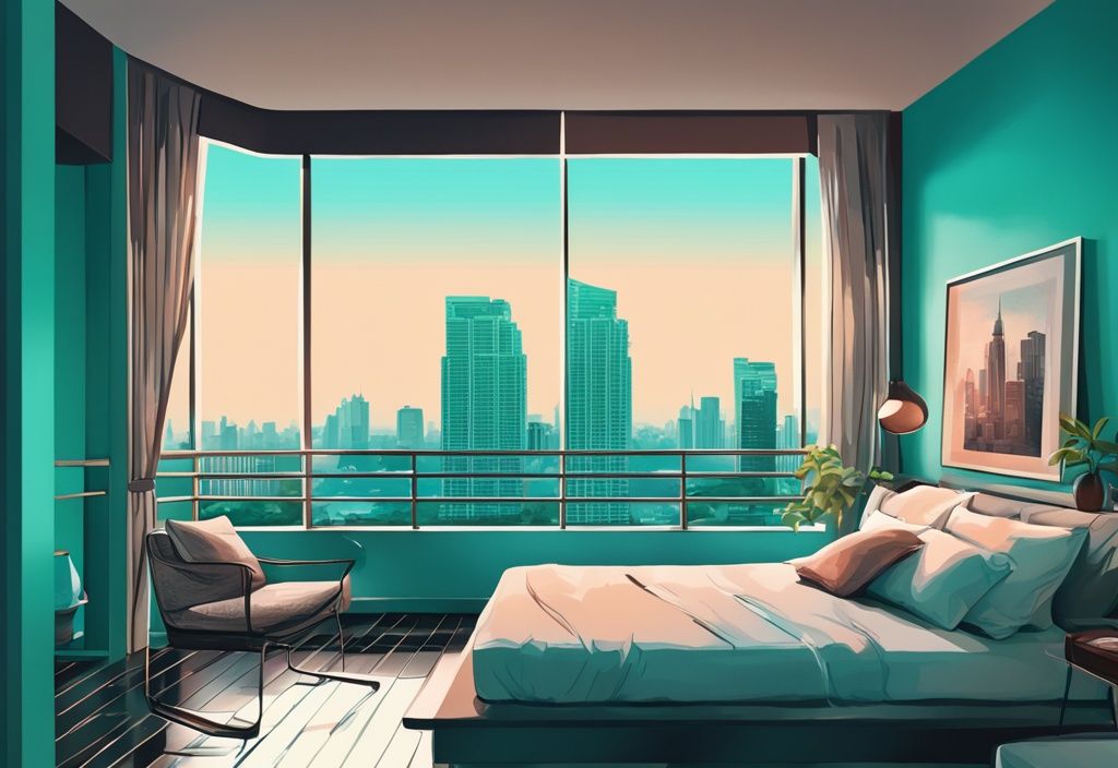 Moderne digitale Malerei einer gemütlichen Airbnb-Wohnung in Thailand mit Balkon und Blick auf die belebte Stadtlandschaft von Bangkok, Hauptfarbe Türkis.