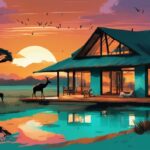 Moderne digitale Malerei eines malerischen Safari Lodge Südafrika inmitten der weiten, wilden Landschaften mit einem atemberaubenden Sonnenuntergang und Silhouetten von umherstreifenden Wildtieren, Hauptfarbe Türkis.