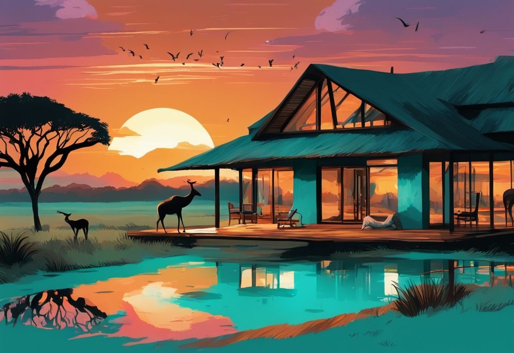 Moderne digitale Malerei eines malerischen Safari Lodge Südafrika inmitten der weiten, wilden Landschaften mit einem atemberaubenden Sonnenuntergang und Silhouetten von umherstreifenden Wildtieren, Hauptfarbe Türkis.