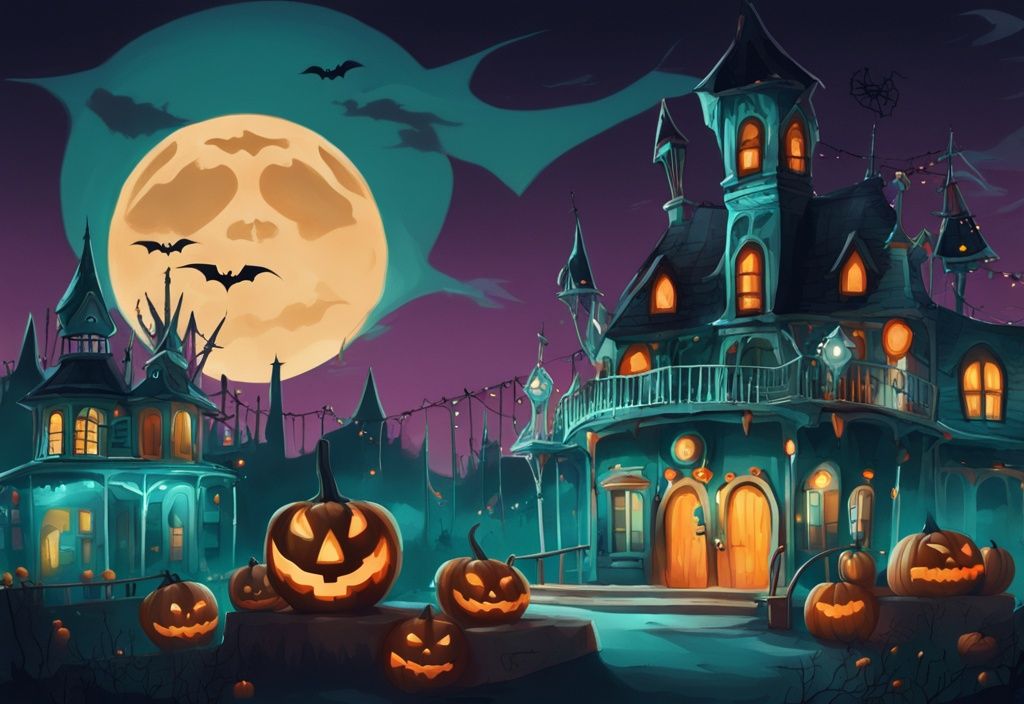 Modernes digitales Gemälde eines Halloween Freizeitparks mit türkisfarbenem Thema, beleuchtet unter einem Vollmond, mit Spukhäusern, Kürbisdekorationen, verkleideten Besuchern und gruseligen Fahrgeschäften.