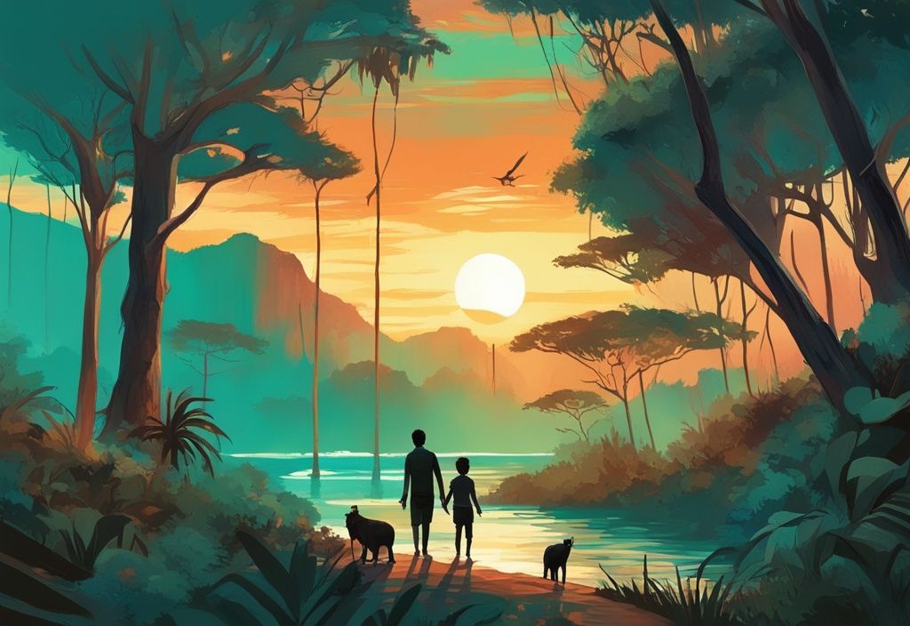 Moderne digitale Malerei einer Familie im üppigen Regenwald von Madagaskar mit exotischer Tierwelt und einem atemberaubenden Sonnenuntergang über dem Indischen Ozean im Hintergrund, ideal für Madagaskar Urlaub.