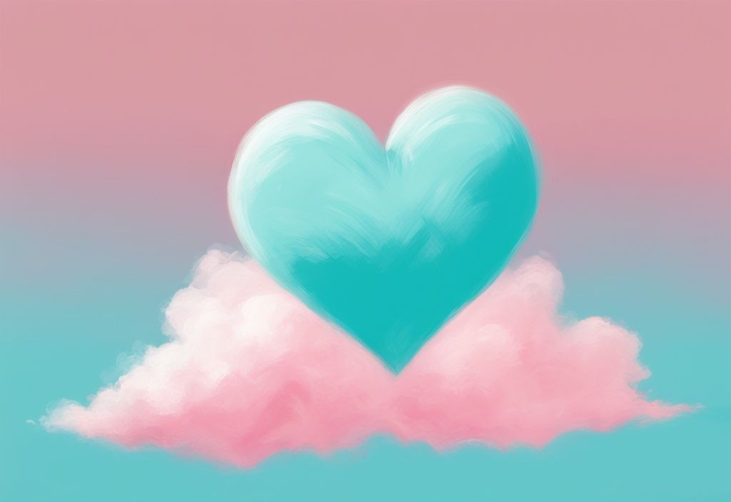 Herzförmige Liebeswolke schwebt im klaren blauen Himmel mit einem weichen, rosa Schimmer, digitale moderne Malerei, Hauptfarbe Türkis