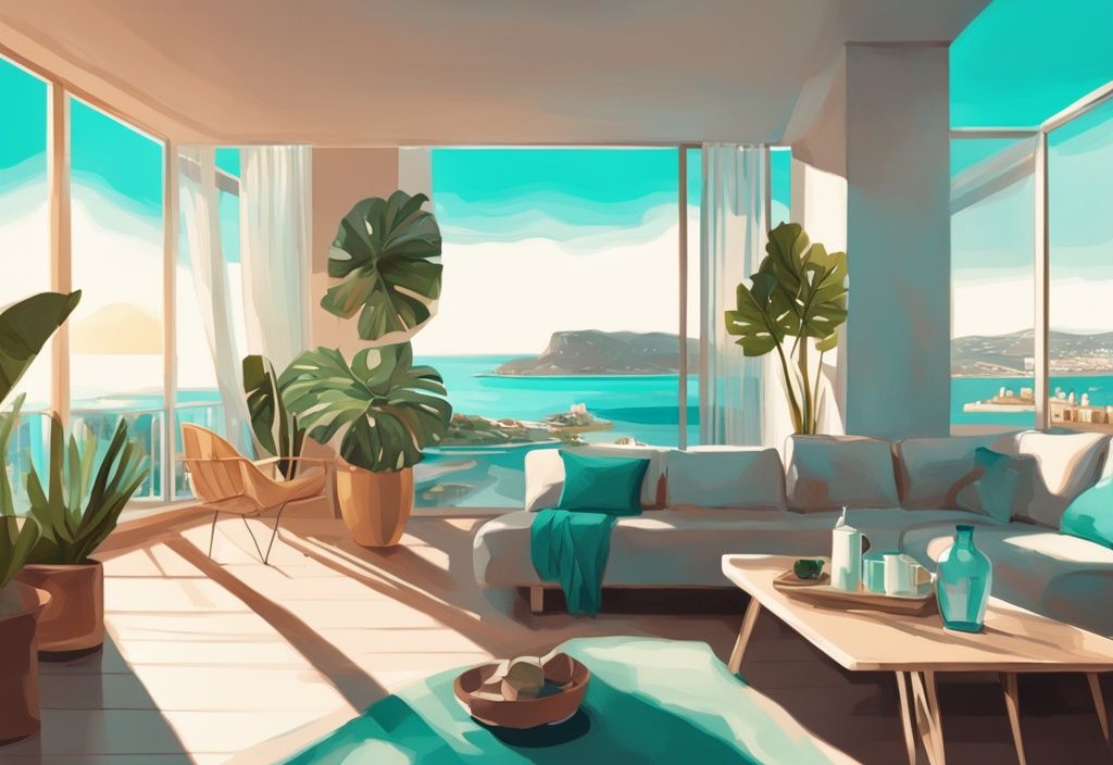 Moderne digitale Illustration einer sonnenbeschienenen Ibiza Ferienwohnung mit türkisfarbenem Thema, gemütlichem Wohnbereich und Balkon mit Blick auf die Küste von Ibiza.