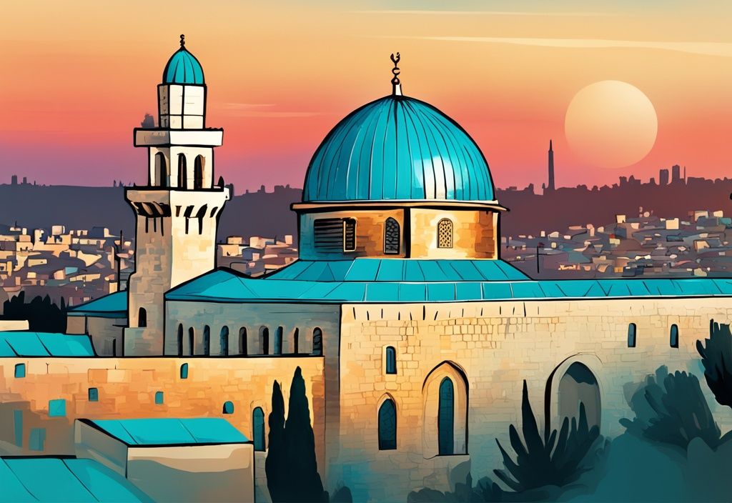 Moderne digitale Malerei von Jerusalems Skyline bei Sonnenuntergang mit dem Felsendom und der Klagemauer, romantisches Paar im Vordergrund