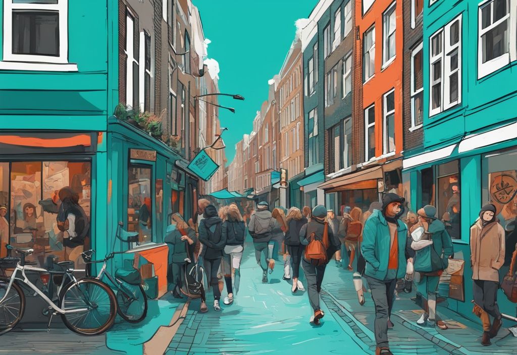 Moderne digitale Malerei einer lebhaften Straßenszene im alternativen Viertel von Amsterdam mit türkisfarbenem Thema, Street Art, einzigartigen Boutiquen und einer vielfältigen Menschenmenge. Keyword: amsterdam alternative.