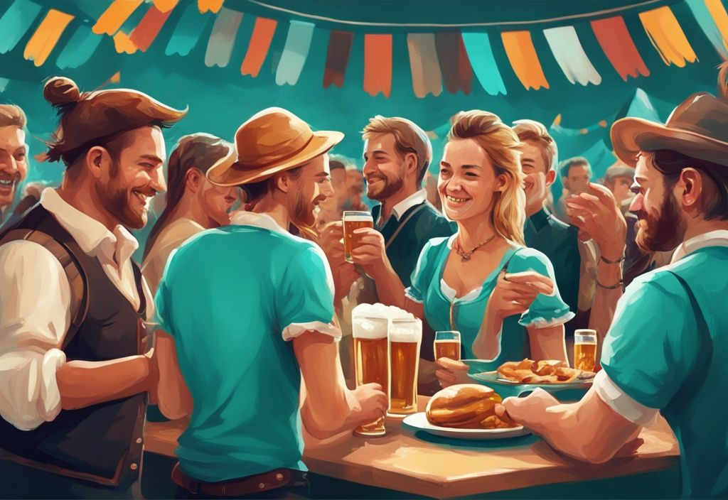 Moderne digitale Malerei einer lebhaften Szene eines lokalen Oktoberfestes mit Menschen, die deutsches Essen, Bier, Musik und Spiele genießen, Hauptfarbe Türkis, oktoberfeste in der nähe.