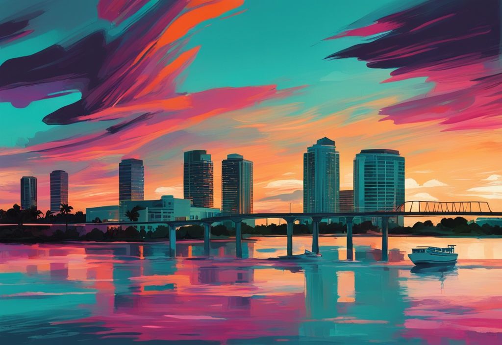 Moderne digitale Malerei mit türkisfarbenem Thema, Sonnenuntergang über dem Caloosahatchee River und Fort Myers Skyline im Hintergrund