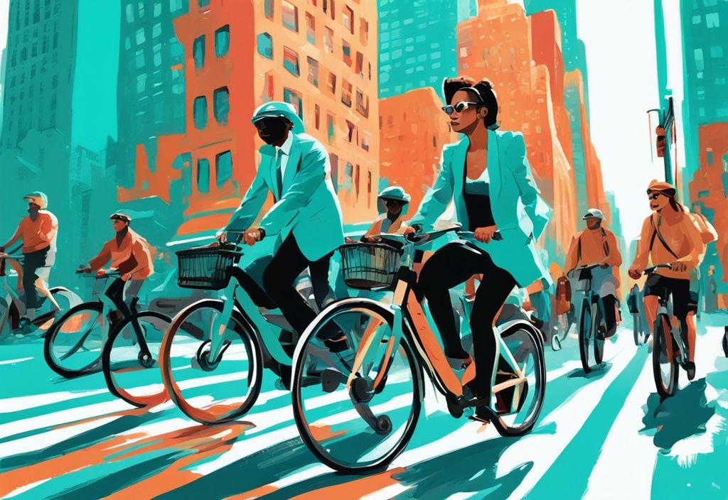 Moderne digitale Malerei von New York Citys Straßen mit Menschen auf Citi Bikes, ikonischen Wolkenkratzern im Hintergrund, Hauptfarbe Türkis