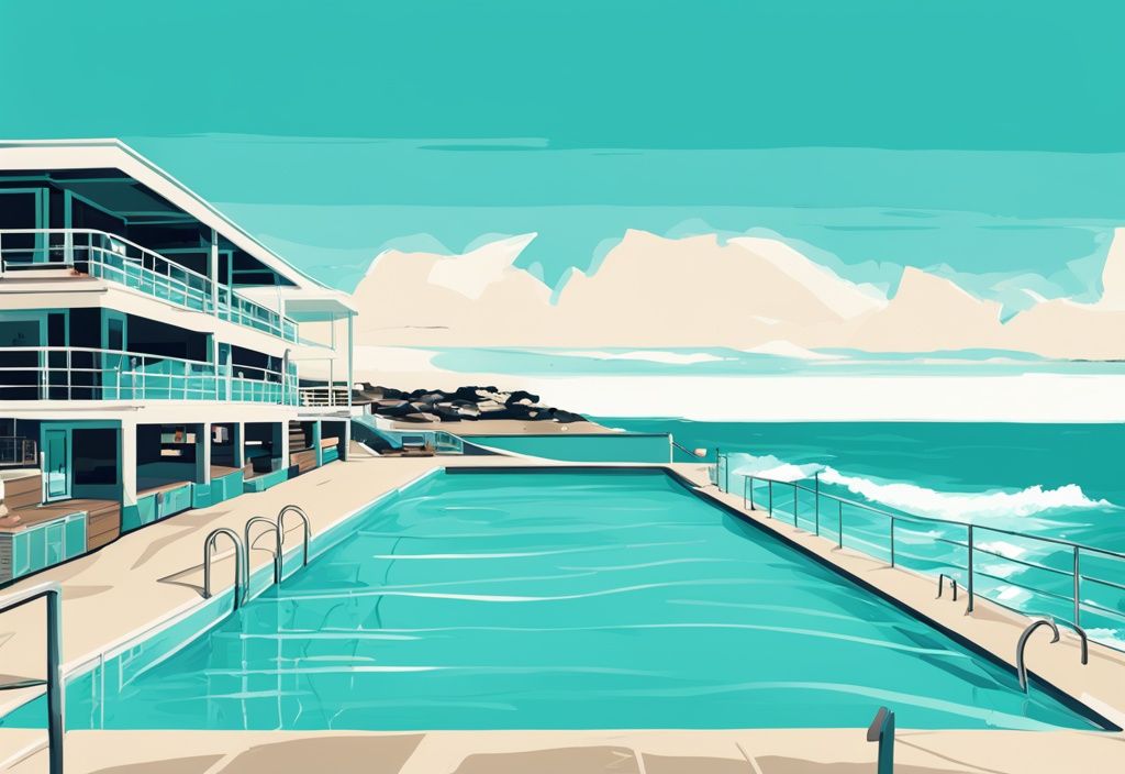 Moderne digitale Illustration des Bondi Beach Pools mit türkisfarbenem Wasser und Sandstrand im Hintergrund.