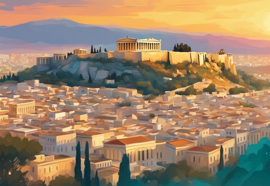 Panoramablick auf die Akropolis von Athen im goldenen Sonnenuntergang, modernes digitales Gemälde in Türkis, Stadtansicht im Hintergrund