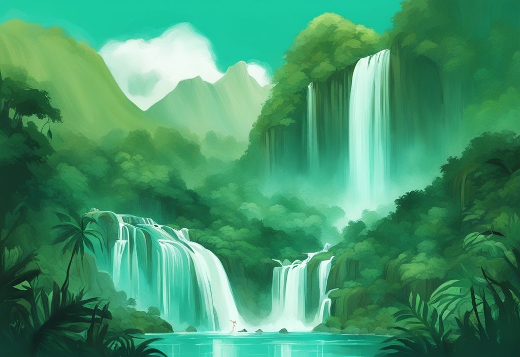 Moderne digitale Malerei mit türkisfarbenem Thema, zeigt eine grüne Landschaft mit vielfältiger Tierwelt, einem ruhigen Wasserfall und hohen Bergen im Hintergrund, die die natürliche Schönheit eines thailändischen Nationalparks darstellen.