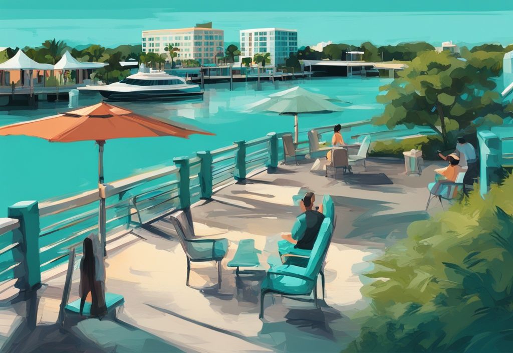 Moderne digitale Malerei des Bradenton Riverwalks in Türkis, mit Menschen im Park und dem Manatee River im Hintergrund.