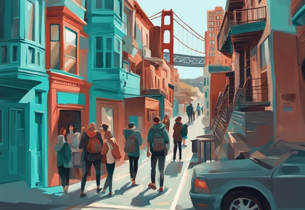 Moderne digitale Malerei mit einem lokalen Führer, der Touristen versteckte Juwelen in San Francisco zeigt, darunter eine geheime Gasse mit Wandgemälden, eine gemütliche Buchhandlung und einen weniger bekannten Aussichtspunkt auf die Golden Gate Bridge, in Türkis gehalten.