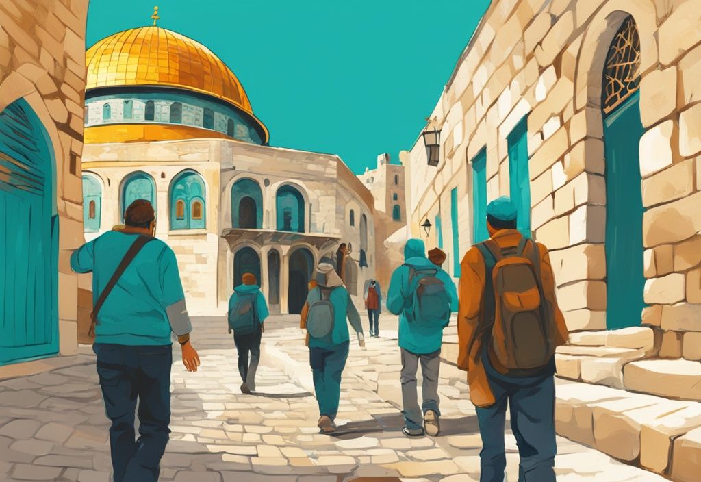 Touristen erkunden die alten, kopfsteingepflasterten Straßen Jerusalems mit dem Felsendom im Hintergrund - jerusalem reise