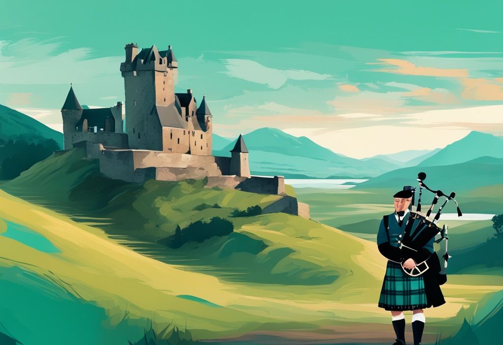 Digitale Illustration der schottischen Highlands mit einem Dudelsackspieler im Kilt, einer historischen Burg im Hintergrund und türkisfarbenen Landschaftselementen.