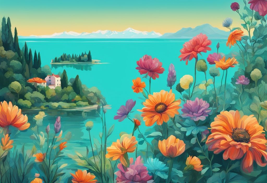 Moderne digitale Malerei einer blumeninsel bodensee in Türkis, mit einer üppigen Insel voller blühender Blumen im ruhigen Wasser des Bodensees unter klarem Himmel.