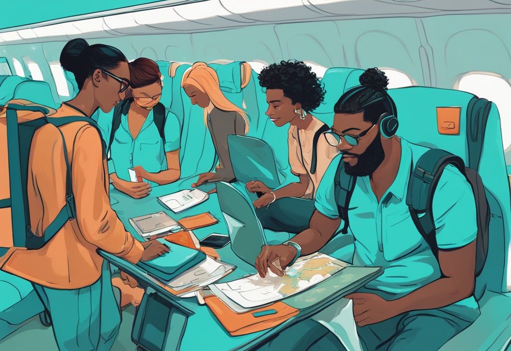 Moderne digitale Illustration in Türkis: Eine diverse Gruppe von Menschen packt ihre Taschen, studiert eine Weltkarte und besteigt ein Flugzeug, wobei sie verschiedene Emotionen wie Aufregung, Neugier und Entspannung zeigen. Warum reisen Menschen?