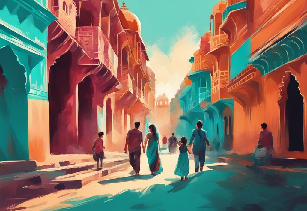 Moderne digitale Malerei einer Familie, die die bunten Straßen von Jaipur erkundet, mit dem ikonischen Hawa Mahal im Hintergrund; Hauptfarbthema ist Türkis.