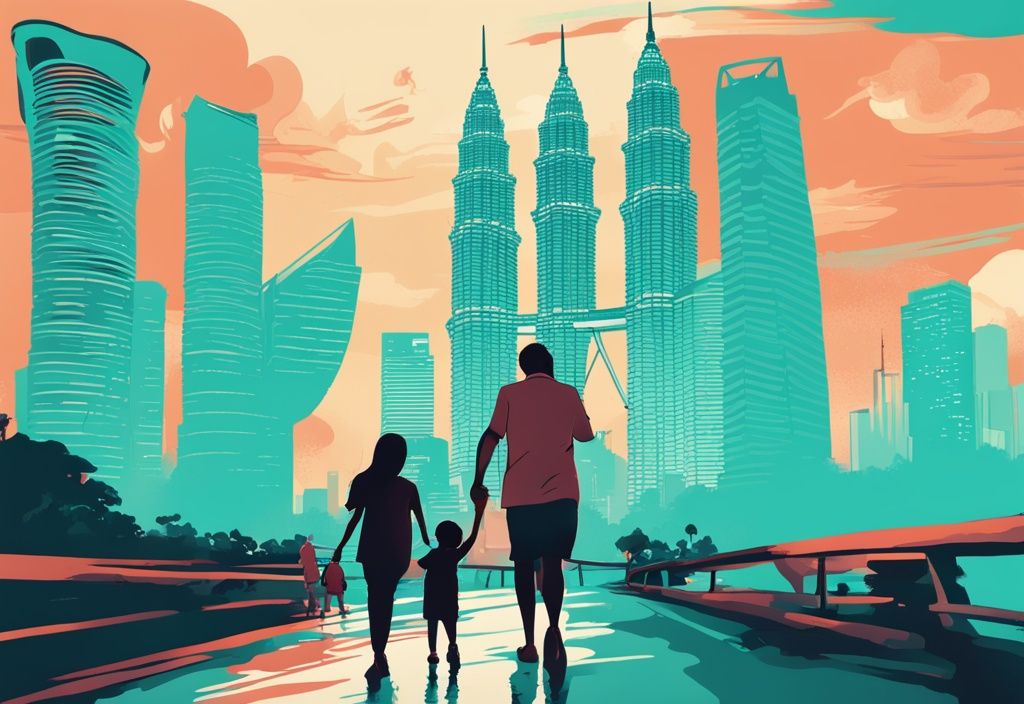 Moderne digitale Malerei der Petronas Twin Towers in Kuala Lumpur, umgeben von der lebhaften Stadtlandschaft, mit einer Familie im Vordergrund, die ihren Urlaub genießt, Hauptfarbthema Türkis