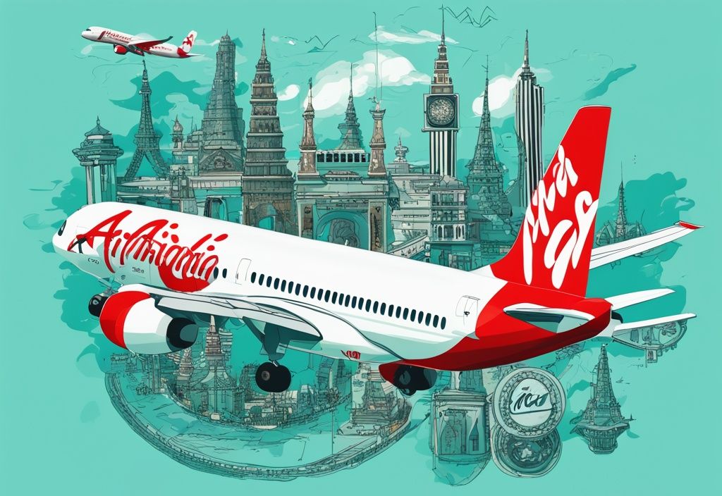 Modernes digitales Gemälde mit einem AirAsia Flugzeug, das hoch am Himmel fliegt, umgeben von internationalen Wahrzeichen, die unbegrenzte Reisemöglichkeiten symbolisieren - airasia all you can fly.