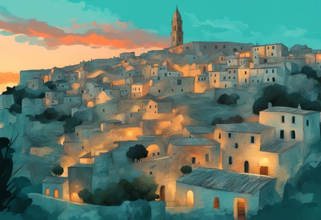 Moderne digitale Malerei von Matera in Basilikata bei Sonnenuntergang mit Sassi-Höhlen und steinernen Gebäuden in Türkis-Tönen.