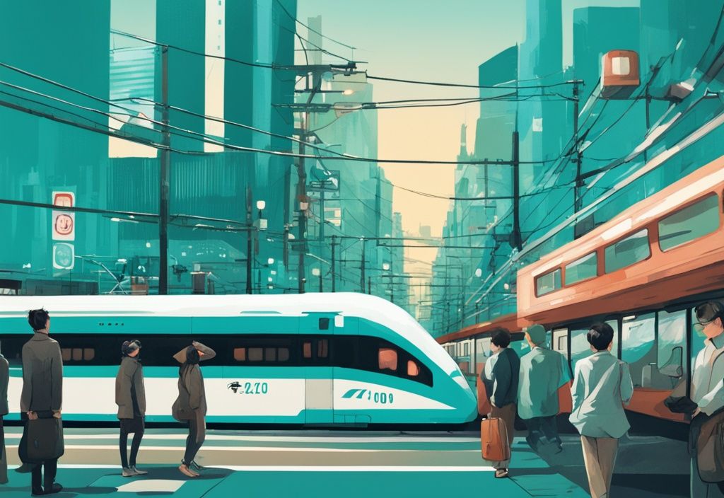 Reisender mit Karte vor belebter Straße in Tokio, Tokyo Tower und Shinkansen im Hintergrund, moderne digitale Malerei, türkisfarbenes Farbschema