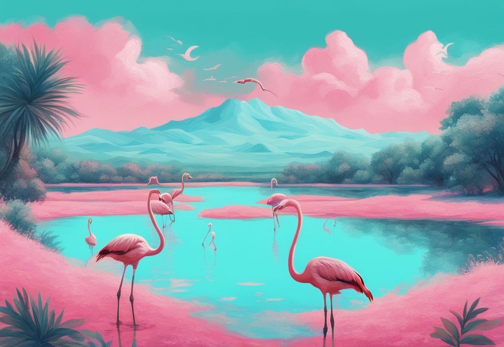 Moderne digitale Malerei, türkises Farbschema, Panorama mit rosa See, klarem blauen Himmel, grüner Landschaft und Flamingos.