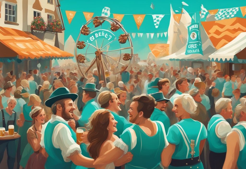 Moderne digitale Malerei einer lebhaften lokalen Oktoberfest-Szene mit fröhlichen Menschenmengen, traditionellen bayerischen Trachten, Bierkrügen, Brezeln und einem nahegelegenen Schild, das den Veranstaltungsort anzeigt, in Türkis.