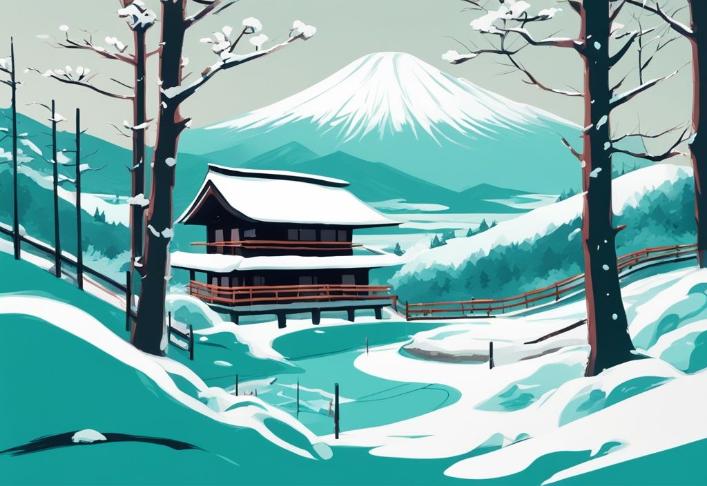 Moderne digitale Malerei einer winterlichen Landschaft in Hokkaido, Japan, mit schneebedeckten Bergen und einem traditionellen japanischen Onsen zwischen verschneiten Bäumen, Hauptfarbe Türkis.